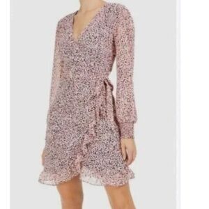 Bar III Animal pink  Patterned mini Dress Sz. S Long Puff Sleeve wrap Ruffled
